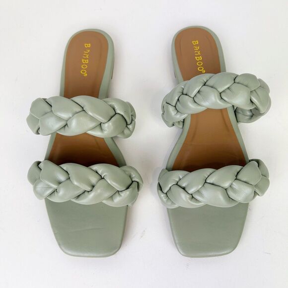 Bamboo Sage Green Braided Strappy Sandals Flats Square Toe Women's 7.5 Shoes - Picture 1 of 8